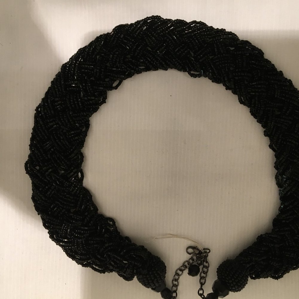Vintage Necklace woven black beads can be worn as collar or choker Unbranded